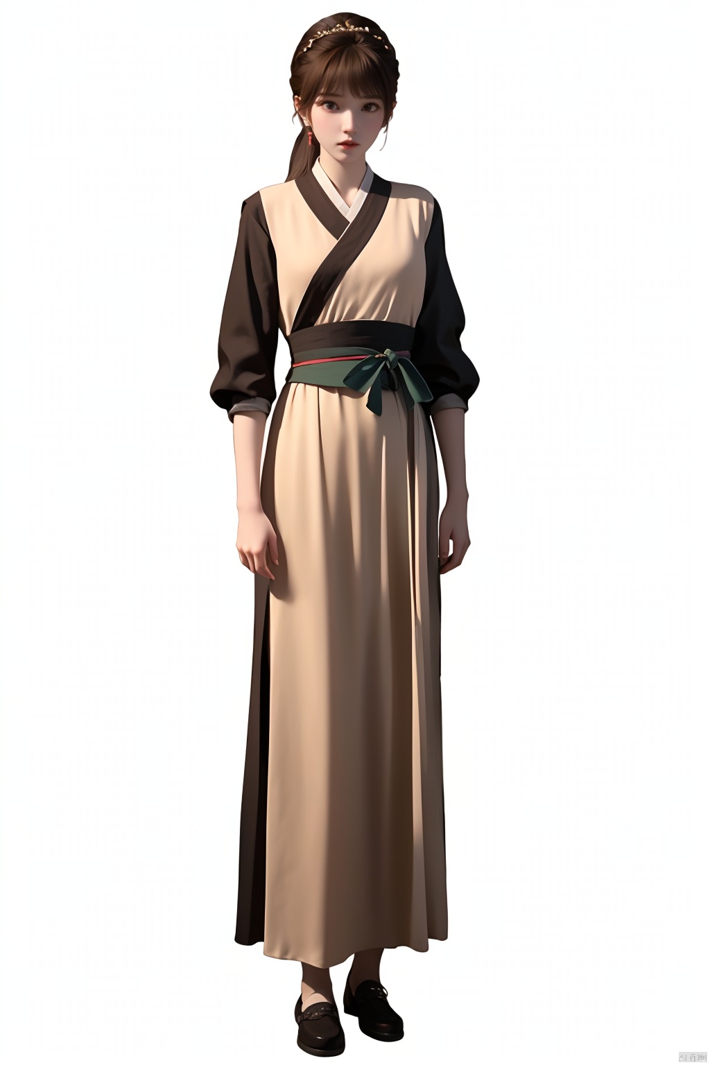 hanyouniang,1girl,solo,long hair,bangs,brown hair,black hair,long sleeves,brown eyes,closed mouth,standing,full body,ponytail,shoes,black footwear,sash,chines,clothes,realistic,korean clothes,hanbok, ((poakl))