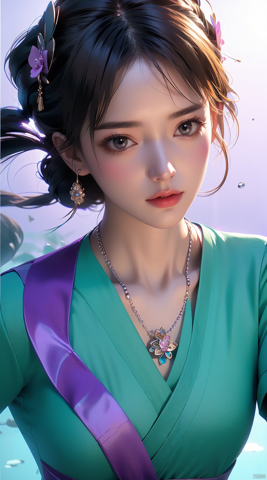  1 girl,(Purple light effect),hair ornament,jewelry,looking at viewer,flower,floating hair,water,underwater,air bubble,Flowers,petal,branch,submerged ,LXQ, hanyouniang