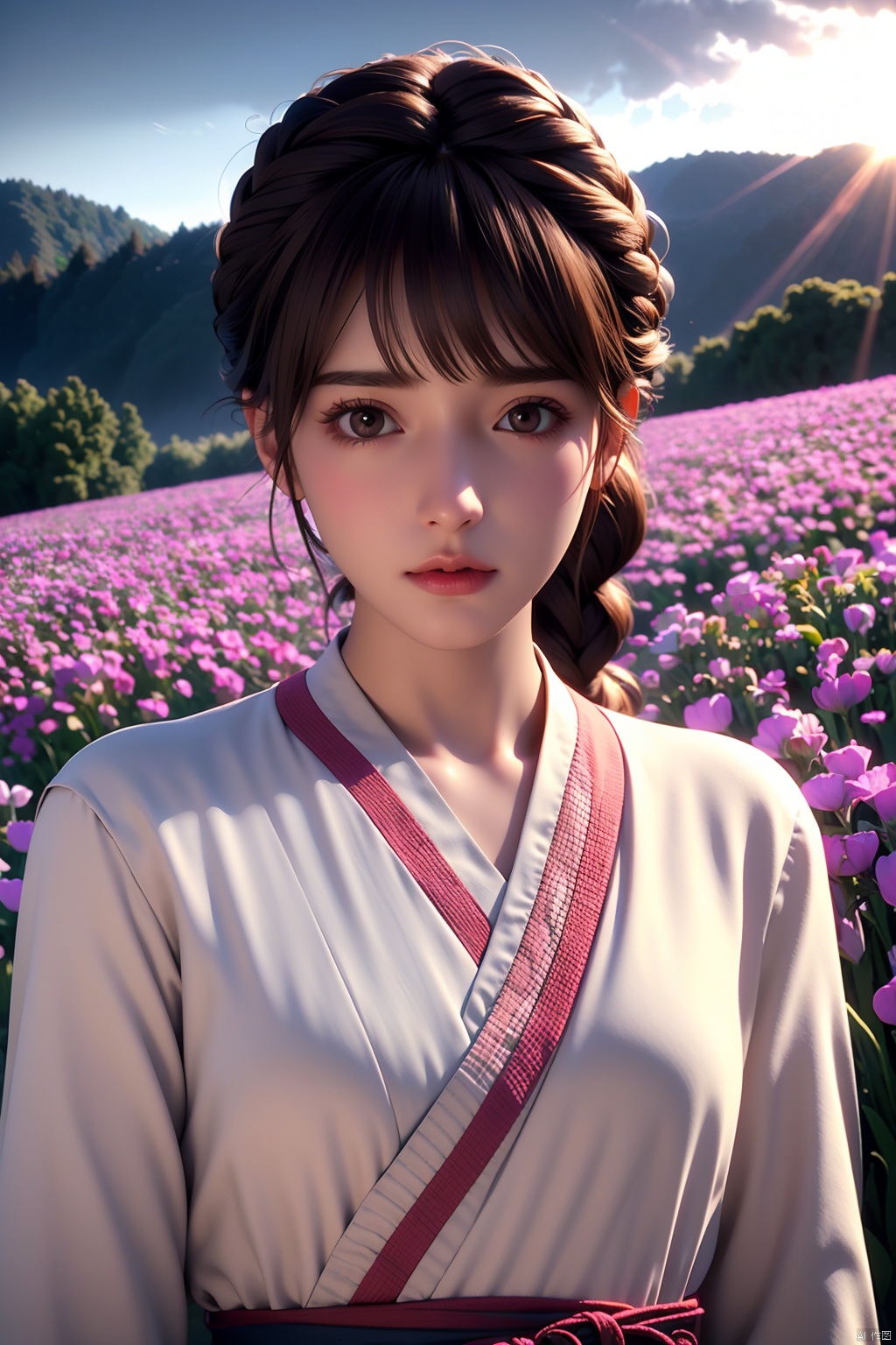outdoors,water,flower, in the ((sea of flowers)), flower field,meadow,beautiful detailed sky,feather,nature,(sunlight),hanyouniang,1girl,solo,looking at viewer,bangs,brown hair,long sleeves,brown eyes,closed mouth,upper body,braid,lips,sash,realistic
