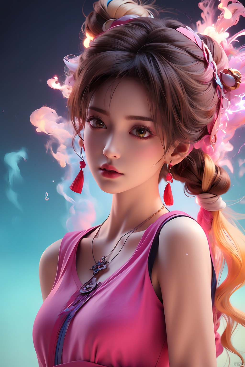  1girl,Bangs, off shoulder, colorful_hair, ((colorful hair)),golden dress, yellow eyes, chest, necklace, pink dress, earrings, floating hair, jewelry, sleeveless, very long hair,Looking at the observer, parted lips, pierced,energy,electricity,magic,tifa,sssr,blonde hair,jujingyi, wangyushan, dofas, forehead mark, (\yan yu\),LXQ, hanyouniang