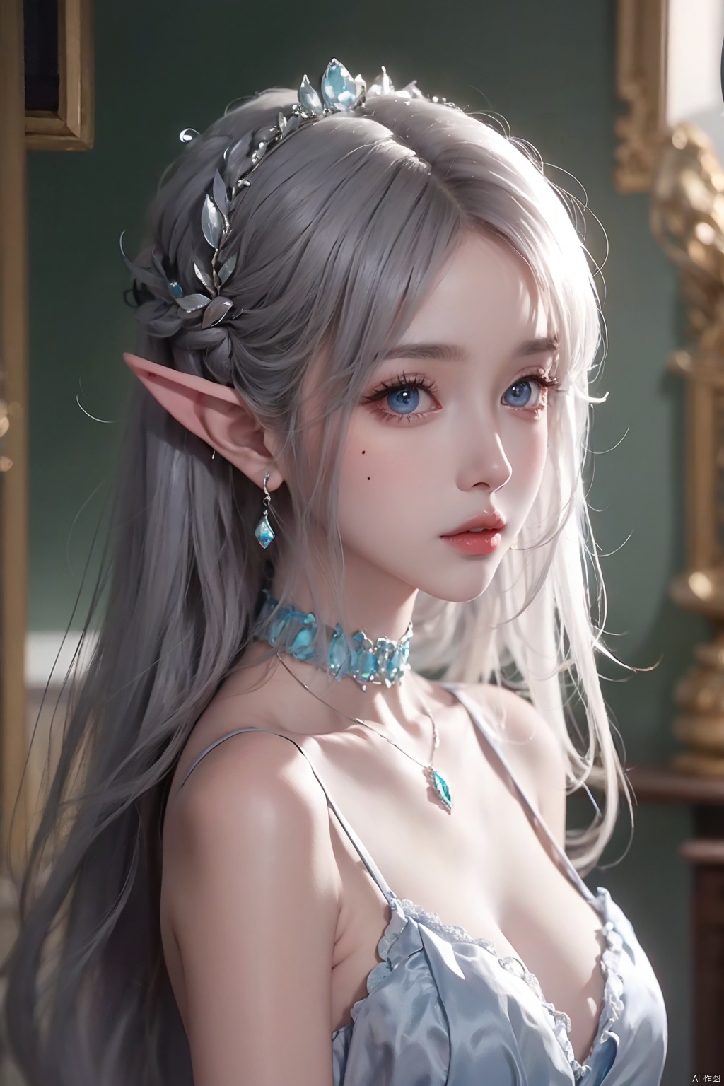  1girl
￼
solo
￼
blue eyes
￼
hair ornament
￼
bare shoulders
￼
jewelry
￼
closed mouth
￼
white hair
￼
choker
￼
pointy ears
￼
necklace
￼
mole
￼
lips
￼
looking to the side
￼
mole under eye
￼
elf
￼
gem
￼
portrait
￼
￼
