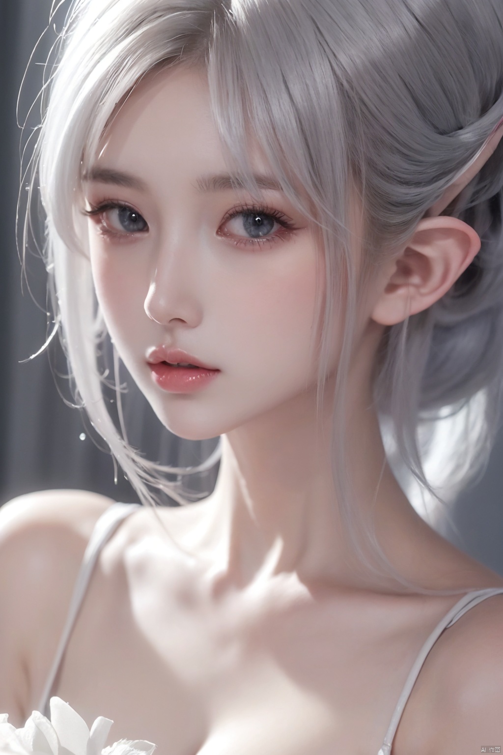  1girl, solo,white hair, grey hair, blue eyes, bare shoulders, white dress, strapless dress,clean face,pointy ears,
beautiful face,
pure face,
milky skin,
pale skin,
smooth skin,
delicate skin texture,
exquisite skin texture,
creamy skin,Unparalleled masterpiece,
high-quality,
high quality,
surreal 8k CG,