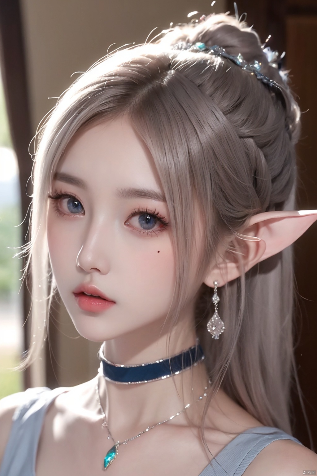  1girl
￼
solo
￼
blue eyes
￼
hair ornament
￼
bare shoulders
￼
jewelry
￼
closed mouth
￼
white hair
￼
choker
￼
pointy ears
￼
necklace
￼
mole
￼
lips
￼
looking to the side
￼
mole under eye
￼
elf
￼
gem
￼
portrait
￼
￼
