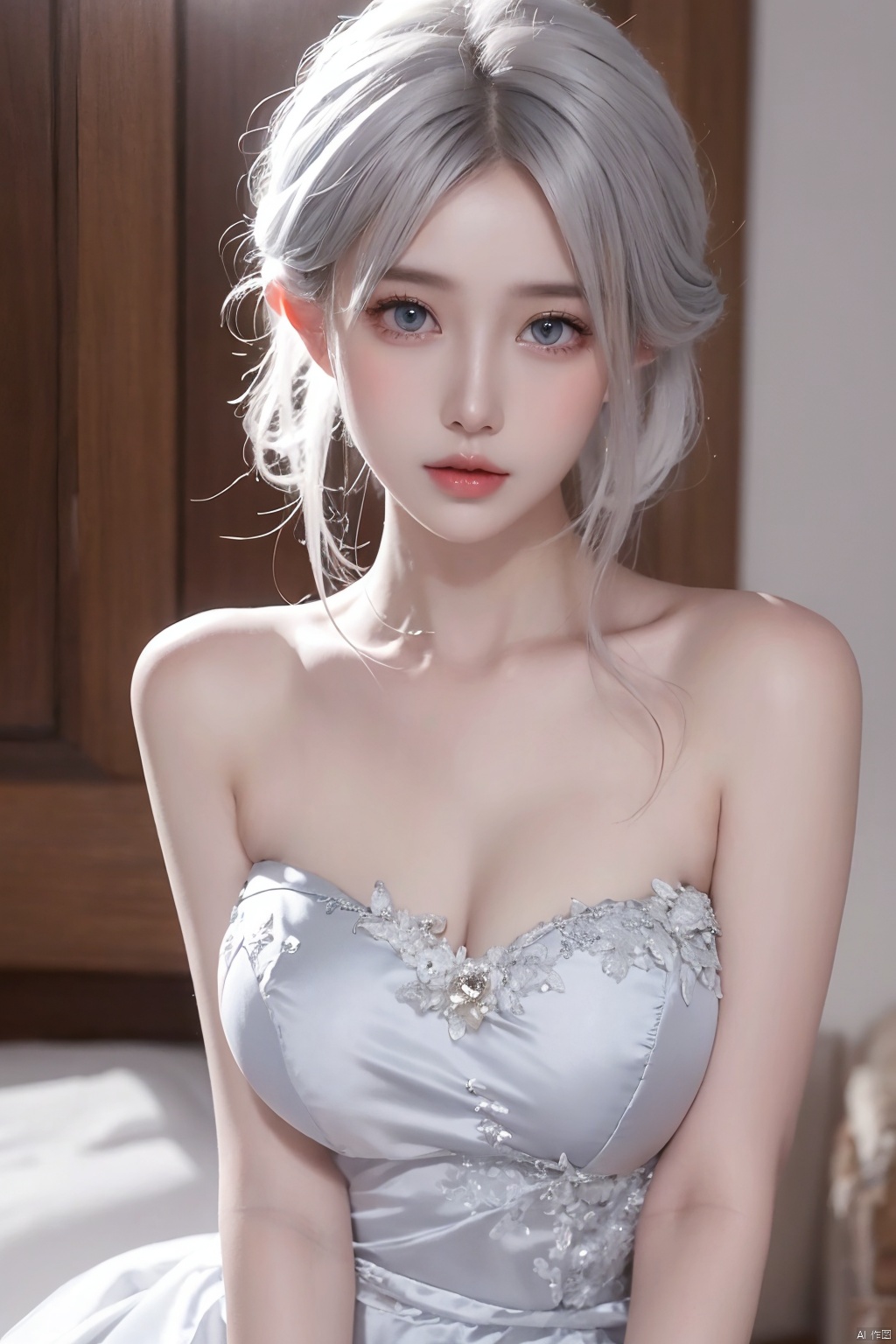  1girl, solo, white hair, grey hair, blue eyes, bare shoulders, white dress, strapless dress,clean face,
beautiful face,
pure face,
milky skin,
pale skin,
smooth skin,
delicate skin texture,
exquisite skin texture,
creamy skin,Unparalleled masterpiece,
high-quality,
high quality,
surreal 8k CG,