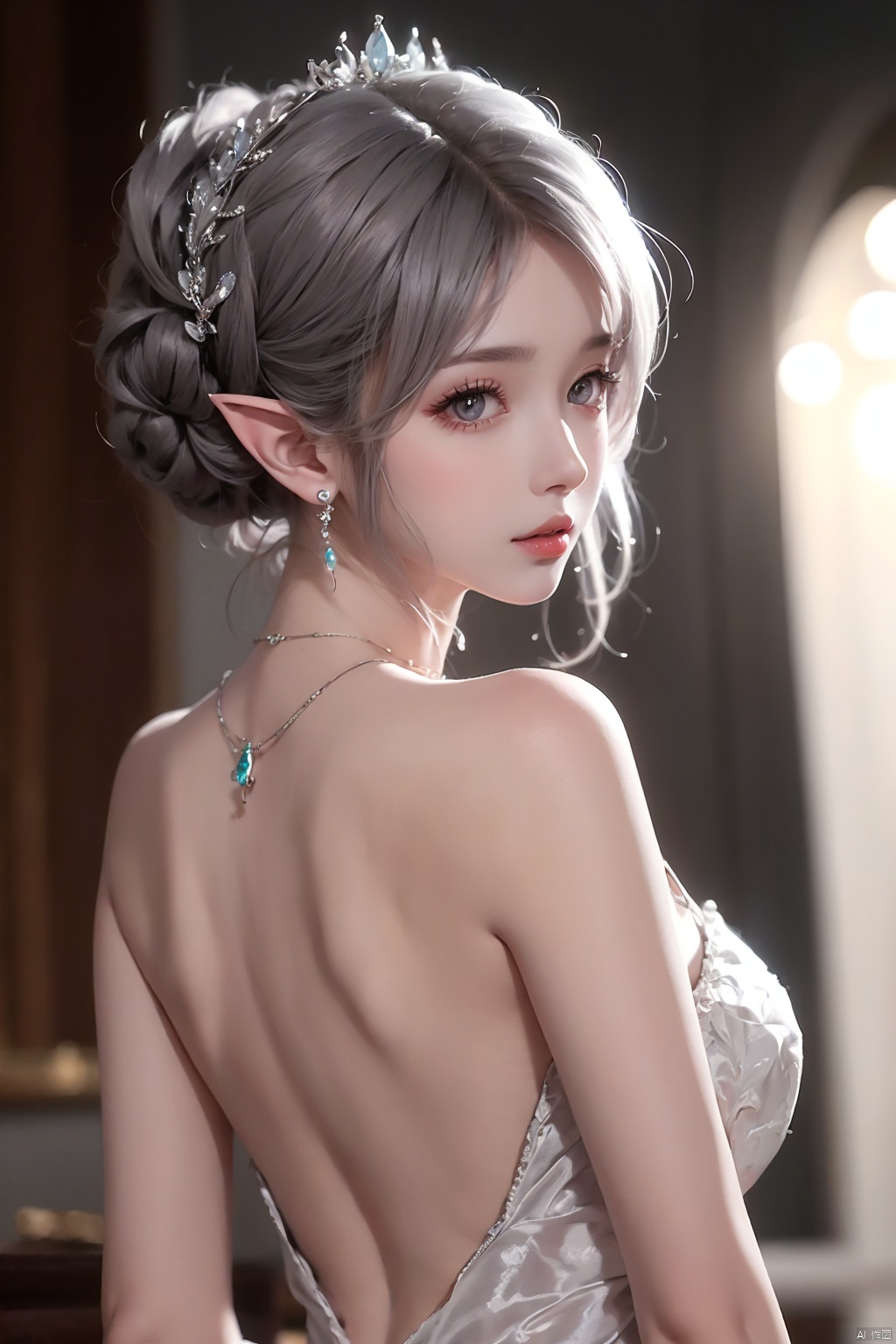  1girl,pointy ears,
￼
solo
￼
hair ornament
￼
dress
￼
bare shoulders
￼
jewelry
￼
closed mouth
￼
upper body
￼
grey hair
￼
earrings
￼
looking back
￼
necklace
￼
from behind
￼
blurry
￼
lips
￼
grey eyes
￼
feathers
￼
realistic
￼
￼
