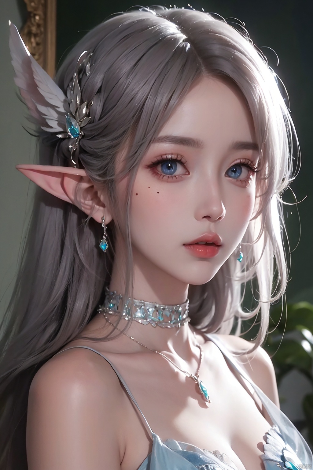  1girl
￼
solo
￼
blue eyes
￼
hair ornament
￼
bare shoulders
￼
jewelry
￼
closed mouth
￼
white hair
￼
choker
￼
pointy ears
￼
necklace
￼
mole
￼
lips
￼
looking to the side
￼
mole under eye
￼
elf
￼
gem
￼
portrait
￼
￼
