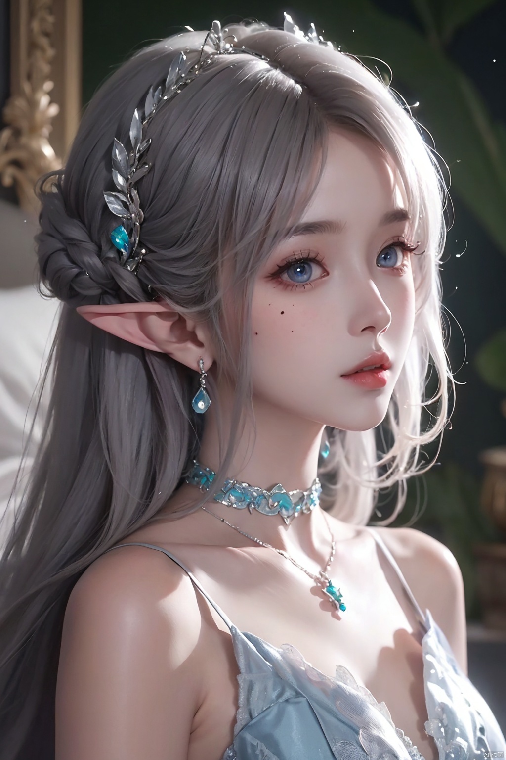  1girl
￼
solo
￼
blue eyes
￼
hair ornament
￼
bare shoulders
￼
jewelry
￼
closed mouth
￼
white hair
￼
choker
￼
pointy ears
￼
necklace
￼
mole
￼
lips
￼
looking to the side
￼
mole under eye
￼
elf
￼
gem
￼
portrait
￼
￼
