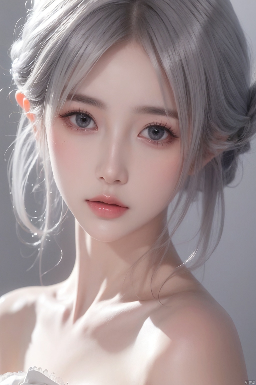  1girl, solo, white hair, grey hair, blue eyes, bare shoulders, white dress, strapless dress,clean face,
beautiful face,
pure face,
milky skin,
pale skin,
smooth skin,
delicate skin texture,
exquisite skin texture,
creamy skin,Unparalleled masterpiece,
high-quality,
high quality,
surreal 8k CG,