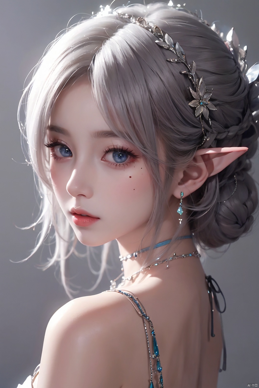 1girl
￼
solo
￼
blue eyes
￼
hair ornament
￼
bare shoulders
￼
jewelry
￼
closed mouth
￼
white hair
￼
choker
￼
pointy ears
￼
necklace
￼
mole
￼
lips
￼
looking to the side
￼
mole under eye
￼
elf
￼
gem
￼
portrait
￼
￼
