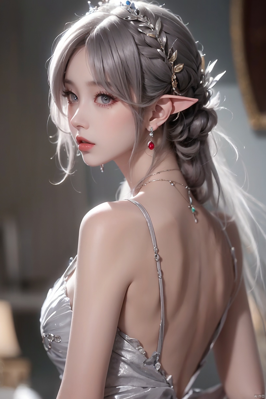  1girl,pointy ears,
￼
solo
￼
hair ornament
￼
dress
￼
bare shoulders
￼
jewelry
￼
closed mouth
￼
upper body
￼
grey hair
￼
earrings
￼
looking back
￼
necklace
￼
from behind
￼
blurry
￼
lips
￼
grey eyes
￼
feathers
￼
realistic
￼
￼
