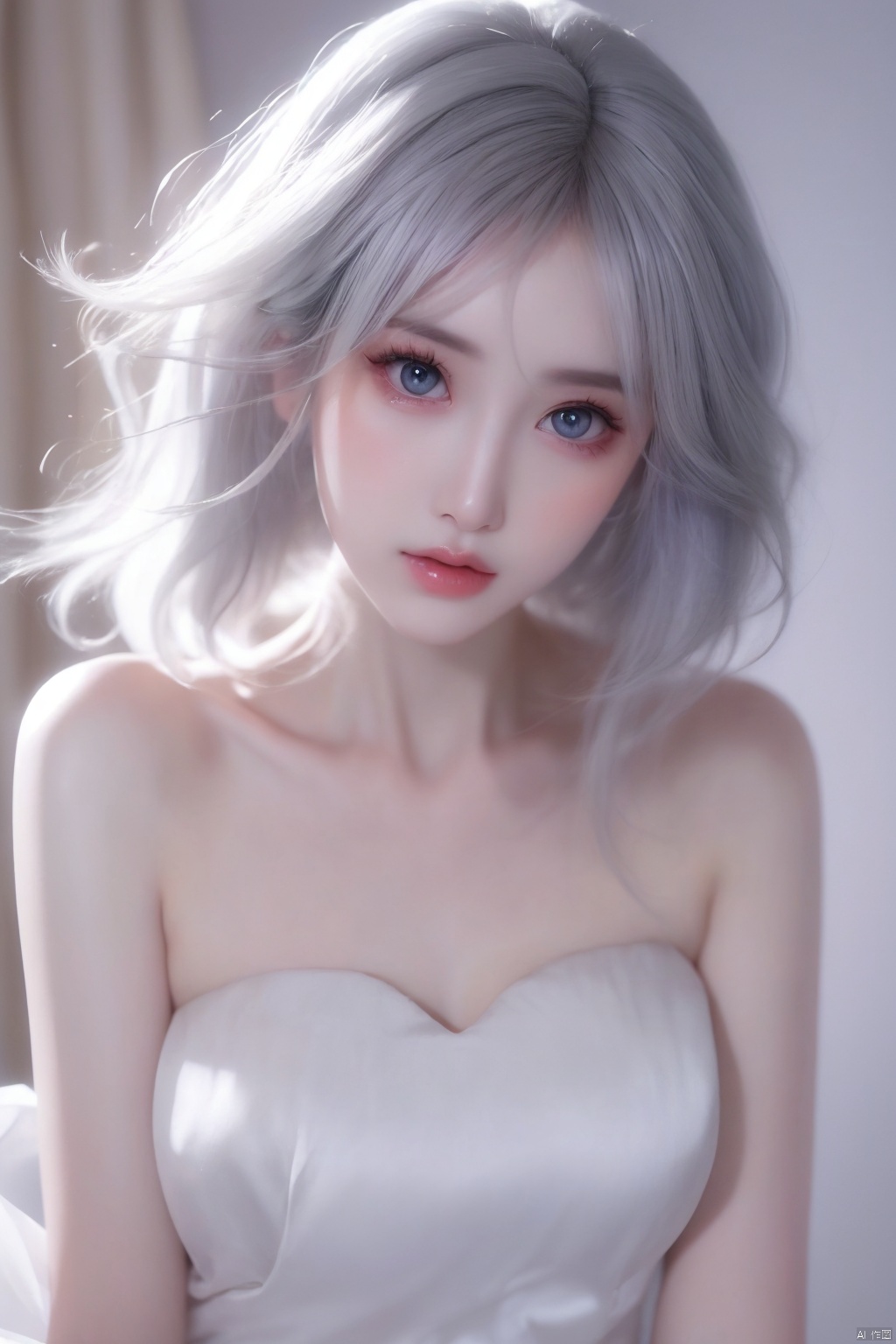  1girl, solo, white hair, grey hair, blue eyes, bare shoulders, white dress, strapless dress,clean face,
beautiful face,
pure face,
milky skin,
pale skin,
smooth skin,
delicate skin texture,
exquisite skin texture,
creamy skin,Unparalleled masterpiece,
high-quality,
high quality,
surreal 8k CG,
