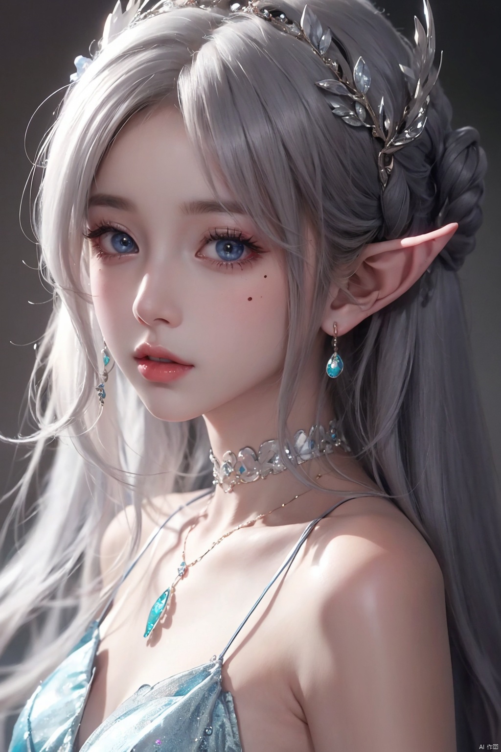  1girl
￼
solo
￼
blue eyes
￼
hair ornament
￼
bare shoulders
￼
jewelry
￼
closed mouth
￼
white hair
￼
choker
￼
pointy ears
￼
necklace
￼
mole
￼
lips
￼
looking to the side
￼
mole under eye
￼
elf
￼
gem
￼
portrait
￼
￼
