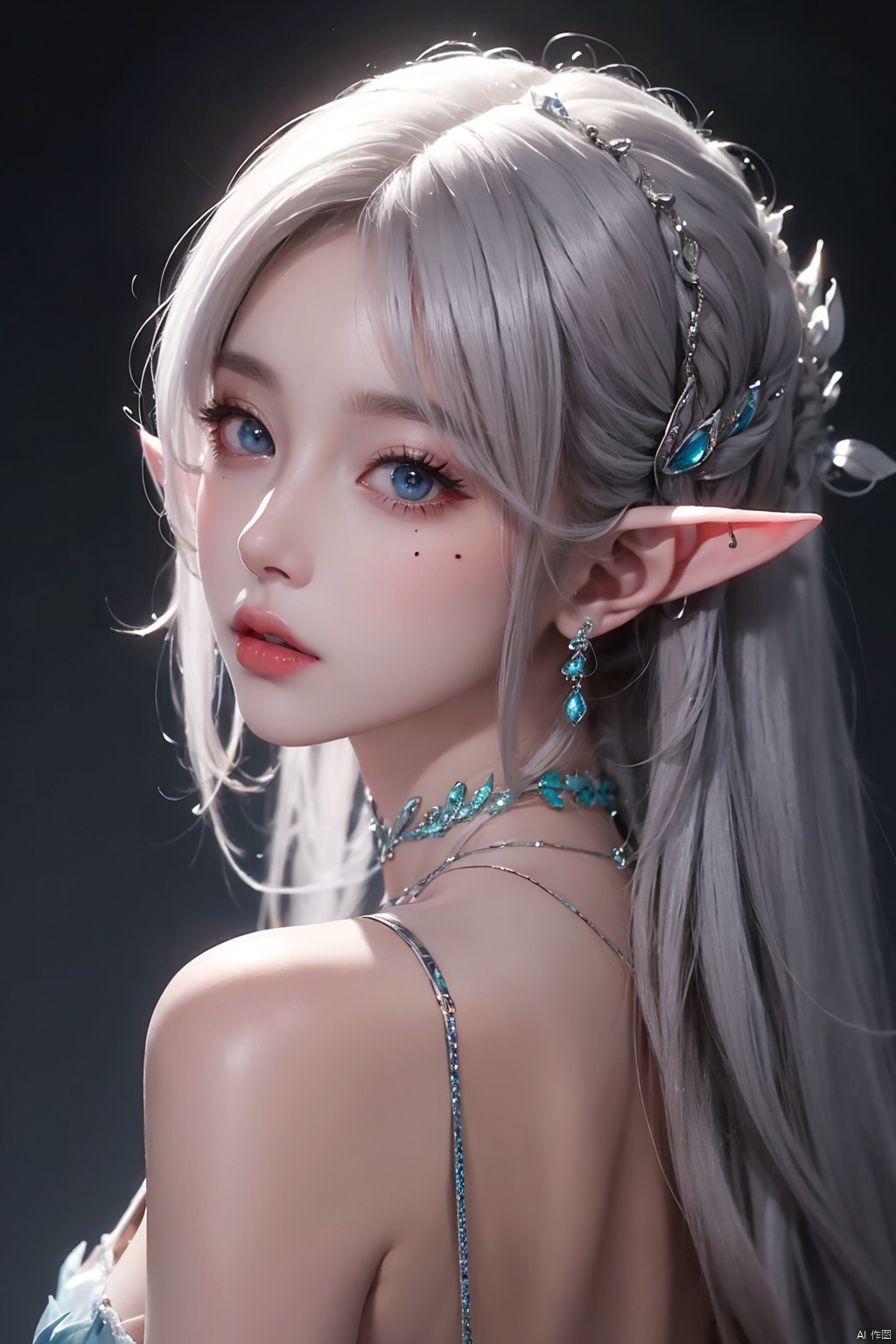 1girl
￼
solo
￼
blue eyes
￼
hair ornament
￼
bare shoulders
￼
jewelry
￼
closed mouth
￼
white hair
￼
choker
￼
pointy ears
￼
necklace
￼
mole
￼
lips
￼
looking to the side
￼
mole under eye
￼
elf
￼
gem
￼
portrait
￼
￼
