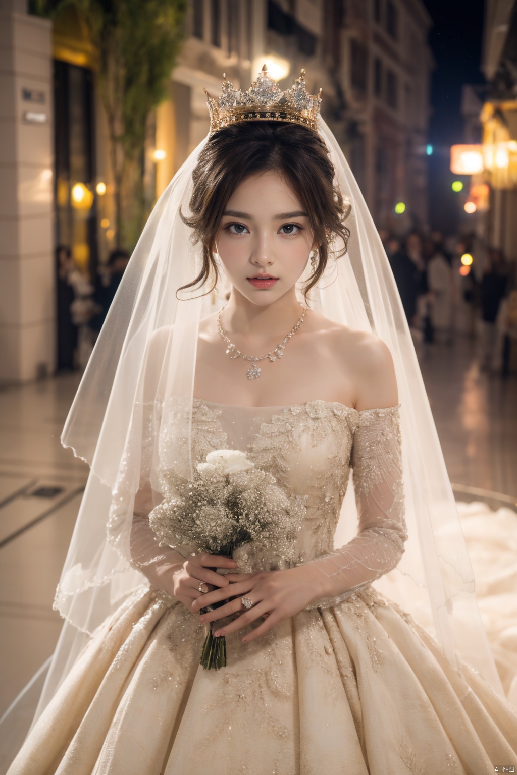  Ultra-clear 8k, real, night, smile, crown, necklace, perspective, hanger, nudity, diamonds, bridal veil, Golden wedding dress, 1 girl, 