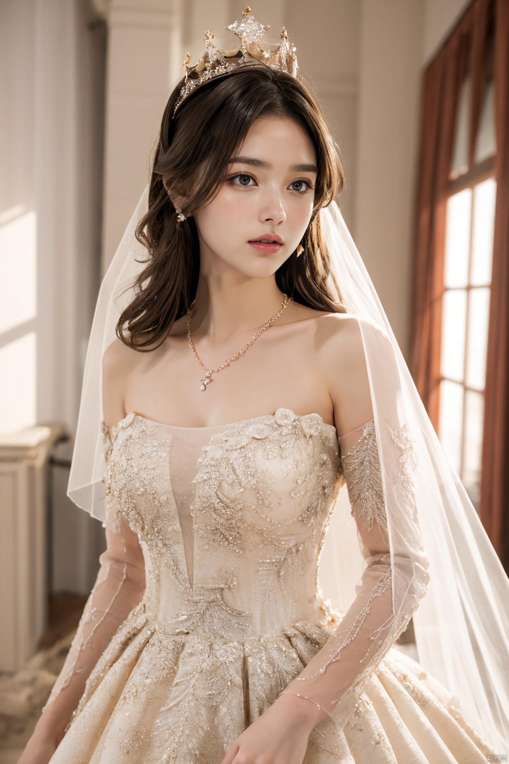 Ultra-clear 8k, real, night, smile, crown, necklace, perspective, hanger, nudity, diamonds, bridal veil, Golden wedding dress, 1 girl, 