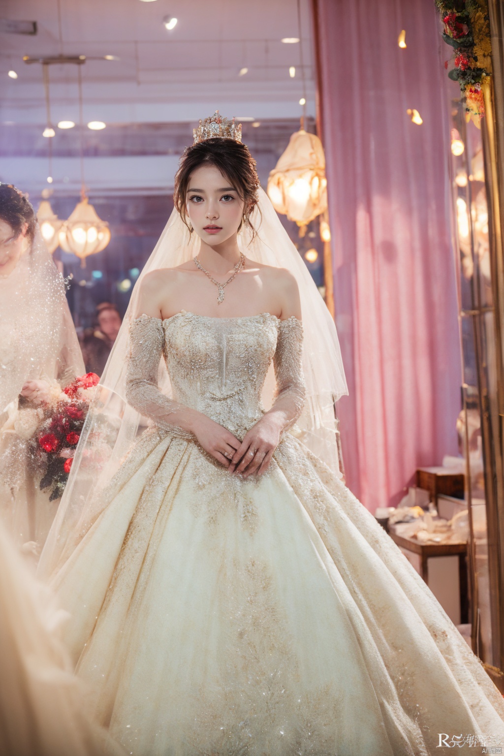  Ultra-clear 8k, real, night, smile, crown, necklace, perspective, hanger, nudity, diamonds, bridal veil, Golden wedding dress, 1 girl, 