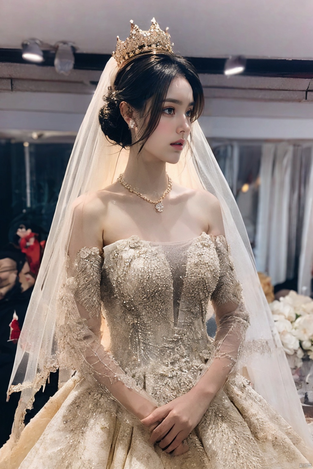  Ultra-clear 8k, real, night, smile, crown, necklace, perspective, hanger, nudity, diamonds, bridal veil, Golden wedding dress, 1 girl, 