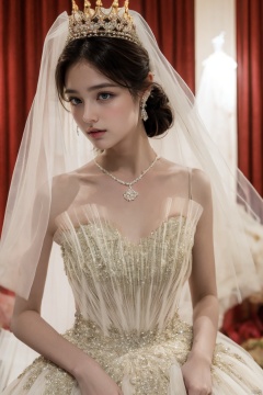  Ultra-clear 8k, real, night, smile, crown, necklace, perspective, hanger, nudity, diamonds, bridal veil, Golden wedding dress, 1 girl, 