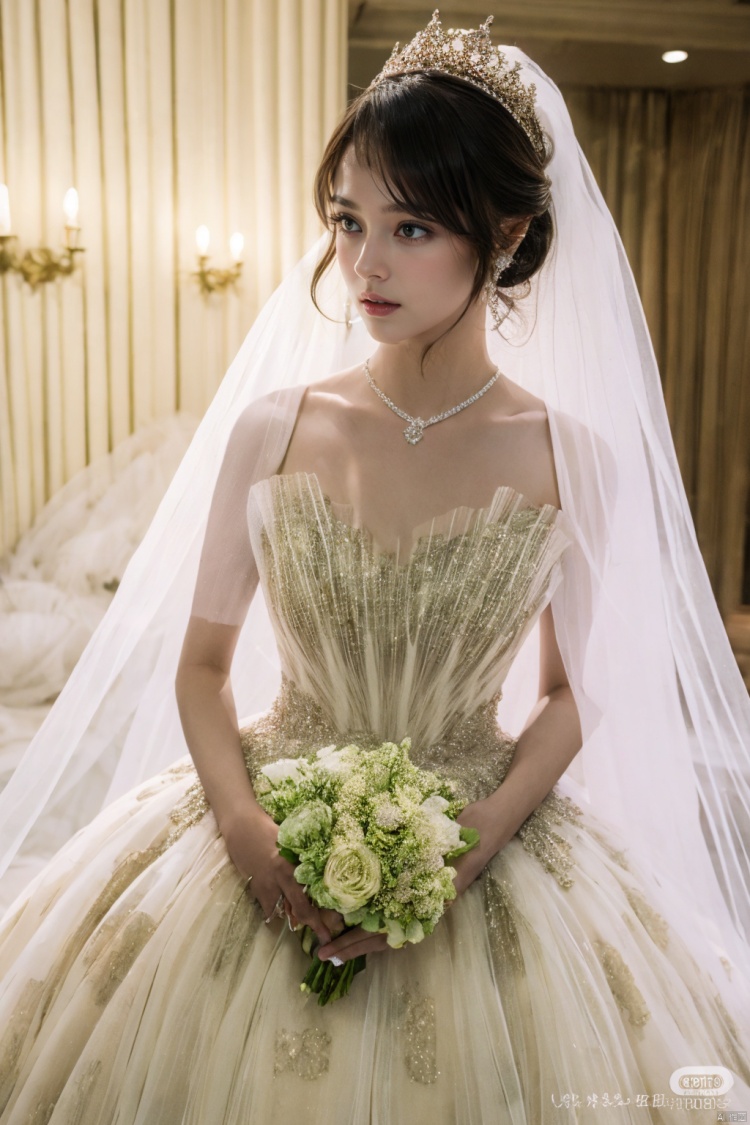  Ultra-clear 8k, real, night, smile, crown, necklace, perspective, hanger, nudity, diamonds, bridal veil, Golden wedding dress, 1 girl, 