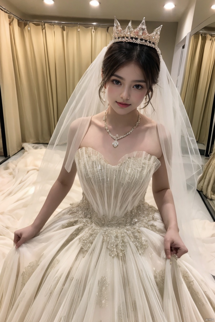  Ultra-clear 8k, real, night, smile, crown, necklace, perspective, hanger, nudity, diamonds, bridal veil, Golden wedding dress, 1 girl, 