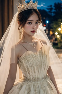  Ultra-clear 8k, real, night, smile, crown, necklace, perspective, hanger, nudity, diamonds, bridal veil, Golden wedding dress, 1 girl, 