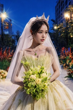  Ultra-clear 8k, real, night, smile, crown, necklace, perspective, hanger, nudity, diamonds, bridal veil, Golden wedding dress, 1 girl, 