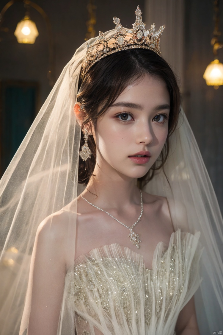  Ultra-clear 8k, real, night, smile, crown, necklace, perspective, hanger, nudity, diamonds, bridal veil, Golden wedding dress, 1 girl, 