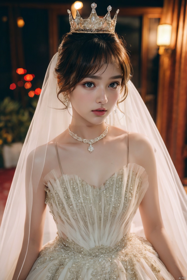  Ultra-clear 8k, real, night, smile, crown, necklace, perspective, hanger, nudity, diamonds, bridal veil, Golden wedding dress, 1 girl, 