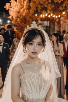  Ultra-clear 8k, real, night, smile, crown, necklace, perspective, hanger, nudity, diamonds, bridal veil, Golden wedding dress, 1 girl, 