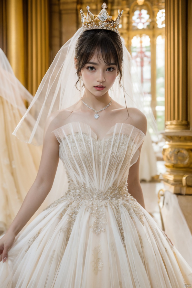  Ultra-clear 8k, real, night, smile, crown, necklace, perspective, hanger, nudity, diamonds, bridal veil, Golden wedding dress, 1 girl, 
