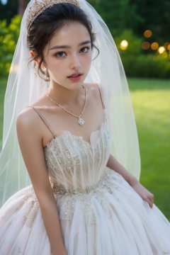  Ultra-clear 8k, real, night, smile, crown, necklace, perspective, hanger, nudity, diamonds, bridal veil, Golden wedding dress, 1 girl, 