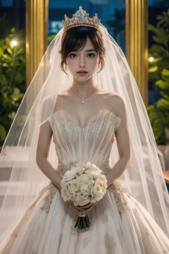  Ultra-clear 8k, real, night, smile, crown, necklace, perspective, hanger, nudity, diamonds, bridal veil, Golden wedding dress, 1 girl, 