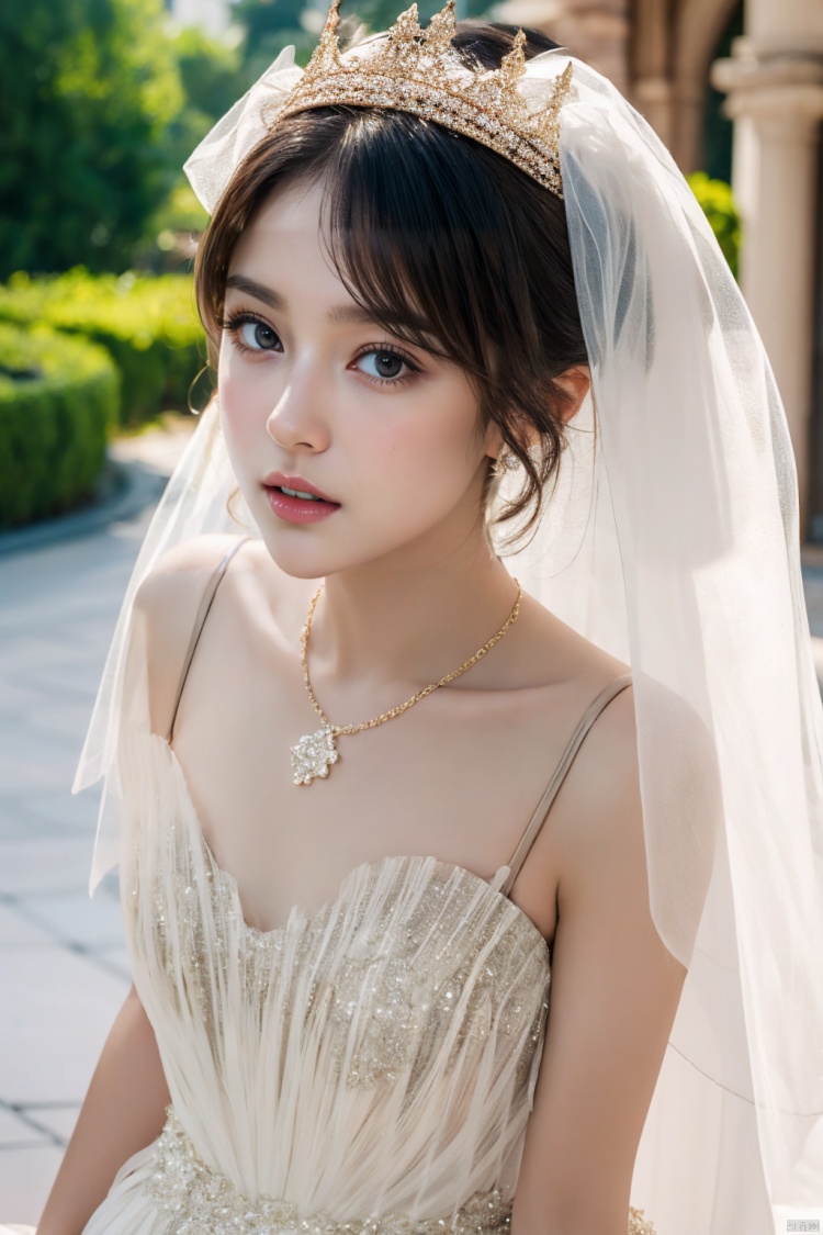  Ultra-clear 8k, real, night, smile, crown, necklace, perspective, hanger, nudity, diamonds, bridal veil, Golden wedding dress, 1 girl, 