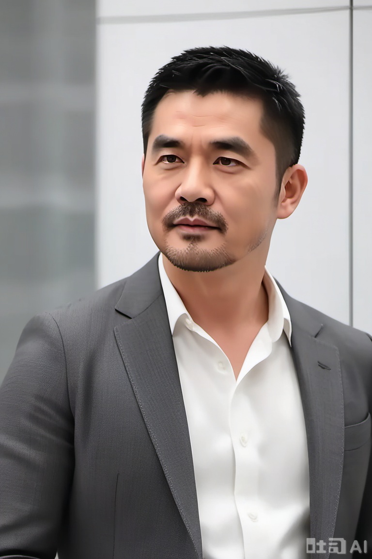 质量词: masterpiece, best quality, amazing quality, very aesthetic, absurdres, highres, newest
画面风格: realistic, blurry background, simple background, white background
人物: 1 man, middle - aged man, male focus, solo, asian, mature male
人物特征: facial hair, black hair, black eyes, closed mouth, lips, thick eyebrows, short hair
事件: looking at the audience 

需要注意的是,原提示词中的“blurry”表述与高质量画面有冲突,在实际使用时可能需要斟酌,高质量画面一般不希望出现模糊效果。 