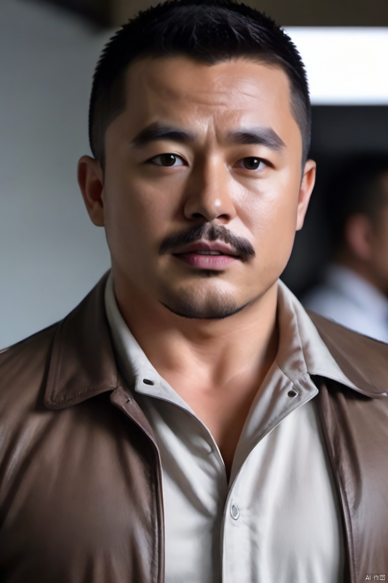 solo, looking at viewer, short hair, shirt, black hair, 1boy, closed mouth, jacket, upper body, male focus, solo focus, collared shirt, mole, blurry, black eyes, blurry background, facial hair, expressionless, white jacket, thick eyebrows, beard, realistic, mustache