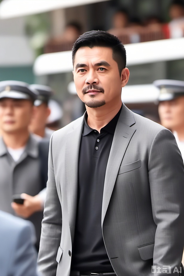 质量词: masterpiece, best quality, amazing quality, very aesthetic, absurdres, highres, newest
画面风格: realistic, blurry background, simple background, white background
人物: 1 man, middle - aged man, male focus, solo, asian, mature male
人物特征: facial hair, black hair, black eyes, closed mouth, lips, thick eyebrows, short hair
事件: looking at the audience 

需要注意的是,原提示词中的“blurry”表述与高质量画面有冲突,在实际使用时可能需要斟酌,高质量画面一般不希望出现模糊效果。 