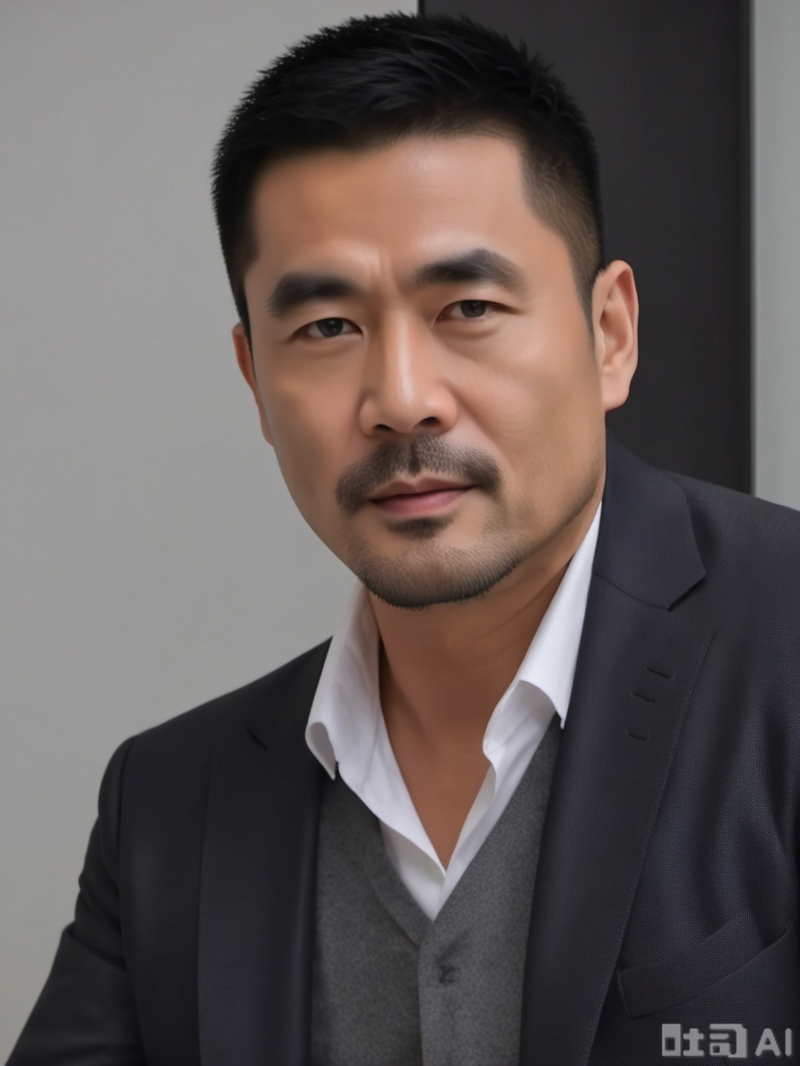 质量词: masterpiece, best quality, amazing quality, very aesthetic, absurdres, highres, newest
画面风格: realistic, blurry background, simple background, white background
人物: 1 man, middle - aged man, male focus, solo, asian, mature male
人物特征: facial hair, black hair, black eyes, closed mouth, lips, thick eyebrows, short hair
事件: looking at the audience 

需要注意的是,原提示词中的“blurry”表述与高质量画面有冲突,在实际使用时可能需要斟酌,高质量画面一般不希望出现模糊效果。 