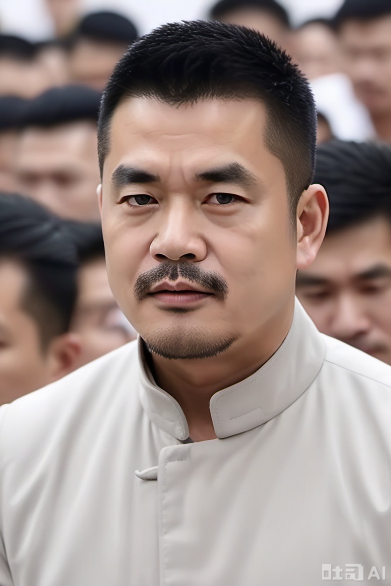 masterpiece, best quality, amazing quality, very aesthetic, absurdres, highres, newest, Chinese, 1 man, middle-aged man,male focus, solo, realistic, portrait, facial hair, black hair, looking at the audience, black eyes, blurry, blurry background, closed mouth, lips, thick eyebrows, short hair, white background, simple background