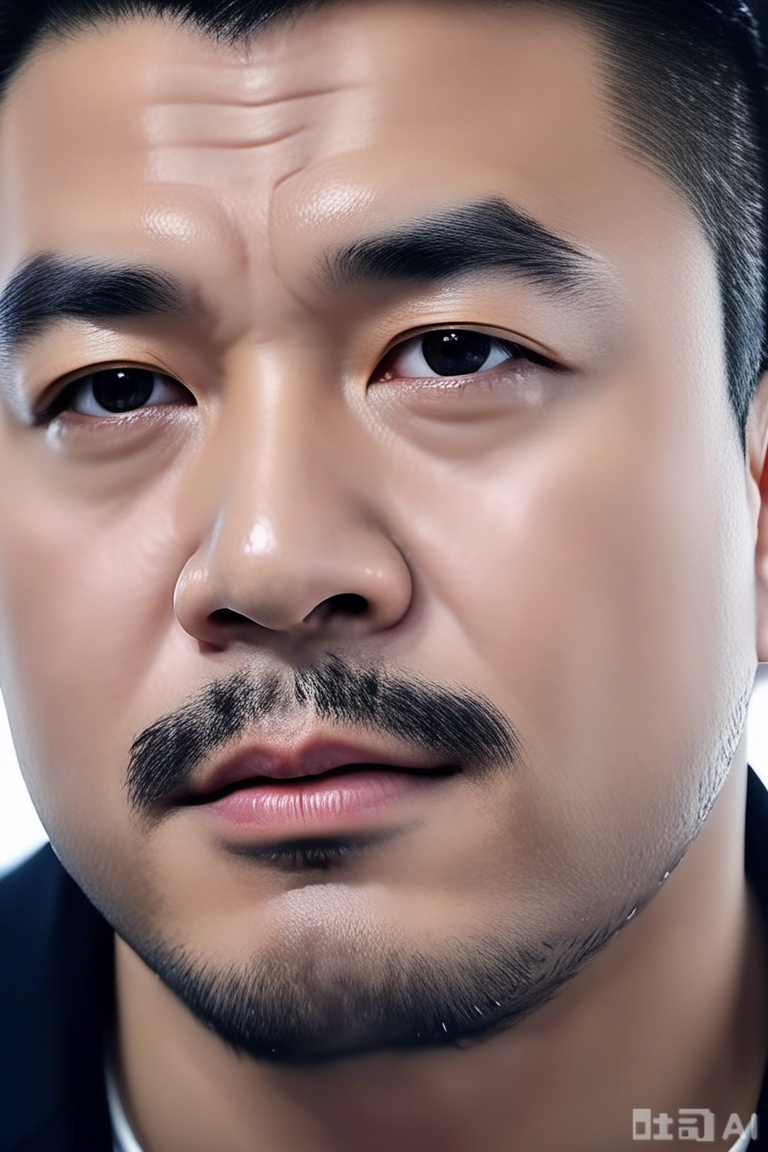 masterpiece, best quality, amazing quality, very aesthetic, absurdres, highres, newest, Chinese, 1 man, middle-aged man,male focus, solo, realistic, portrait, facial hair, black hair, looking at the audience, black eyes, blurry, blurry background, closed mouth, lips, thick eyebrows, short hair, white background, simple background