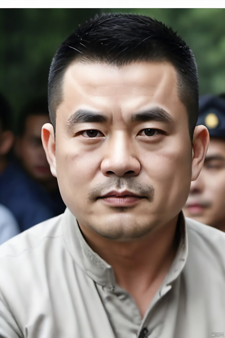 High definition, highest quality, maximum resolution, Chinese, 1 man, middle-aged man,male focus, solo, realistic, portrait, facial hair, black hair, looking at the audience, black eyes, blurry, blurry background, closed mouth, lips, thick eyebrows, short hair, white background, simple background