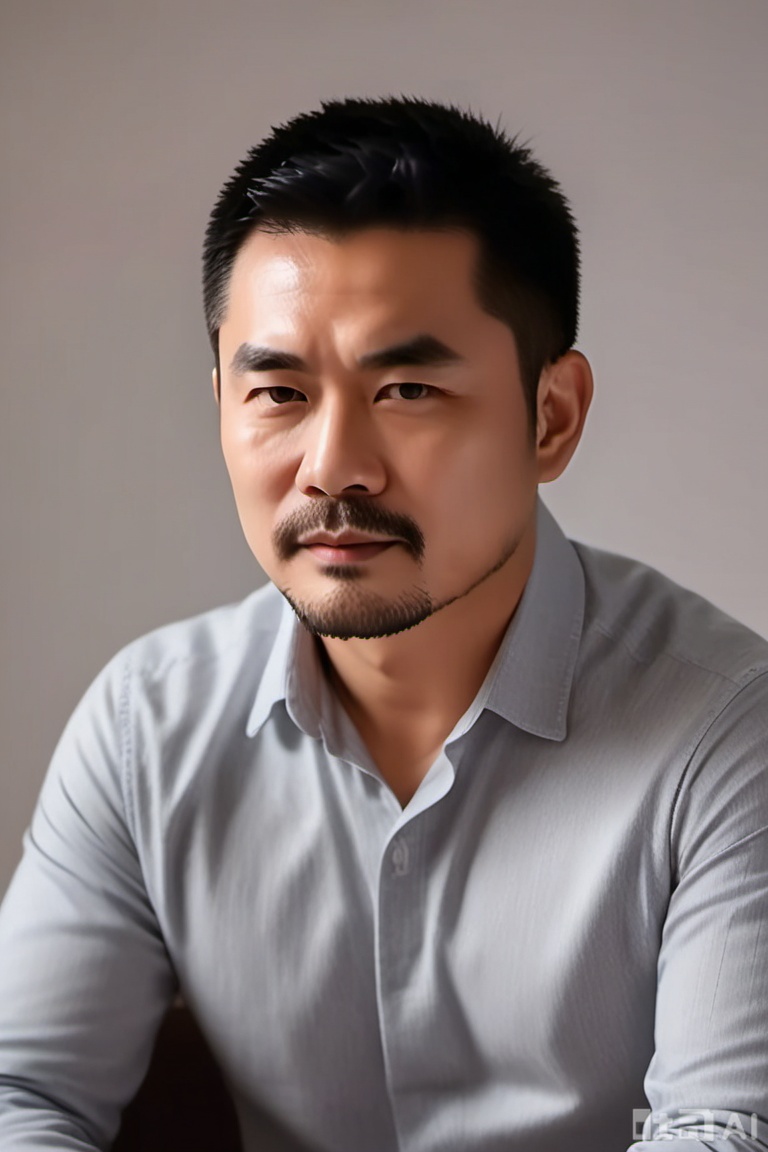 质量词: masterpiece, best quality, amazing quality, very aesthetic, absurdres, highres, newest
画面风格: realistic, blurry background, simple background, white background
人物: 1 man, middle - aged man, male focus, solo, asian, mature male
人物特征: facial hair, black hair, black eyes, closed mouth, lips, thick eyebrows, short hair
事件: looking at the audience 

需要注意的是,原提示词中的“blurry”表述与高质量画面有冲突,在实际使用时可能需要斟酌,高质量画面一般不希望出现模糊效果。 