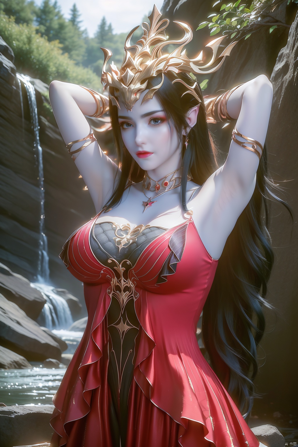 (8k, RAW photo, best quality, masterpiece:1.2),(super realistic, photo-realistic:1.3),ultra-detailed,extremely detailed cg 8k wallpaper,hatching (texture),skin gloss,light persona,
(crystalstexture skin:1.2),(extremely delicate and beautiful),ultra-high resolution,
Surrealism,fantastical verisimilitude,fantastical creation,thriller color scheme,surrealism,abstract,psychedelic,
1girl,solo,very long hair,flower,looking at viewer,hair ornament,red dress,(arms behind head:1.2),black pantyhose,
water,bare shoulders,waterfall,
mds-hd, ll-hd, ty-hd, pf-hd