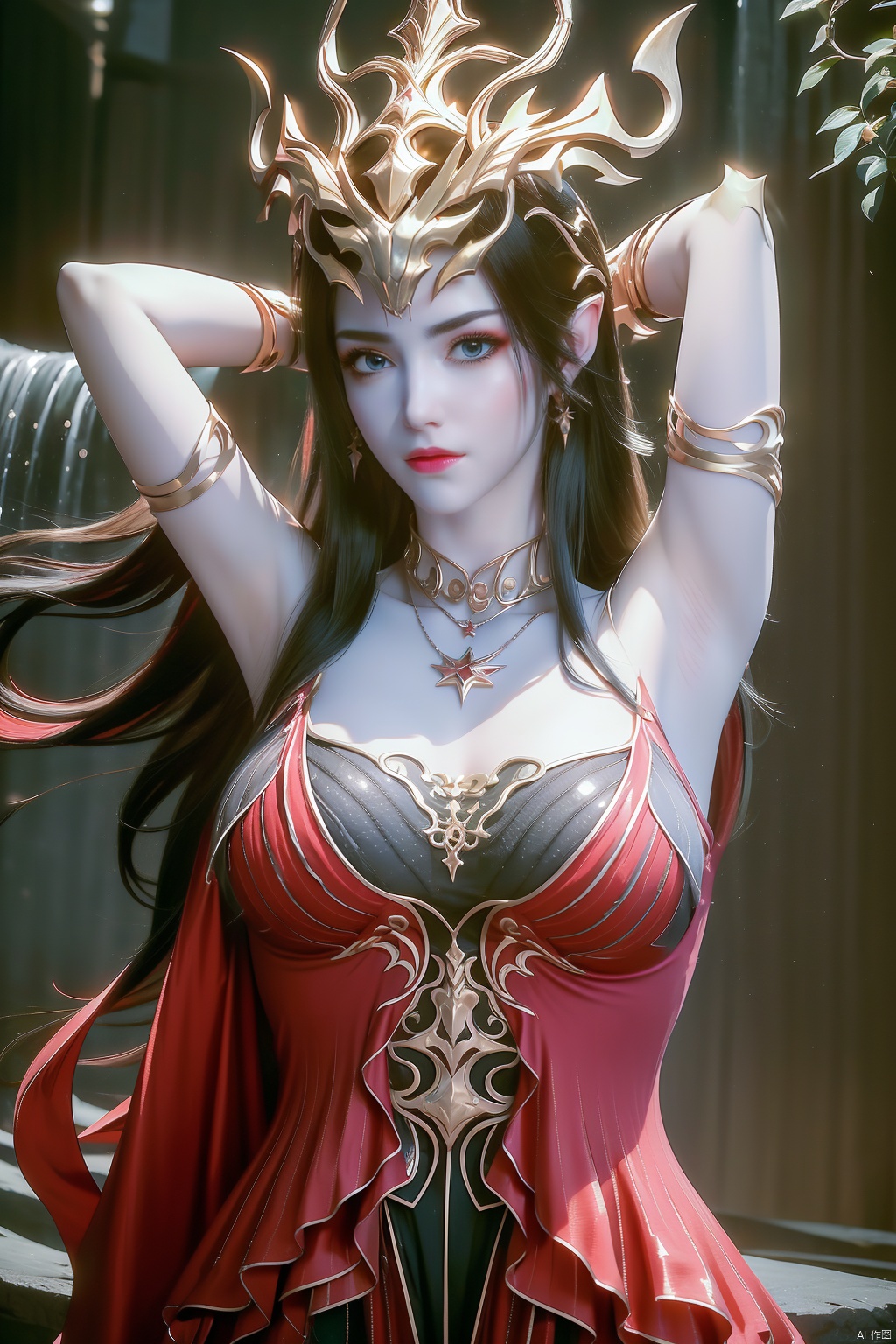 (8k, RAW photo, best quality, masterpiece:1.2),(super realistic, photo-realistic:1.3),ultra-detailed,extremely detailed cg 8k wallpaper,hatching (texture),skin gloss,light persona,
(crystalstexture skin:1.2),(extremely delicate and beautiful),ultra-high resolution,
Surrealism,fantastical verisimilitude,fantastical creation,thriller color scheme,surrealism,abstract,psychedelic,
1girl,solo,very long hair,flower,looking at viewer,hair ornament,red dress,(arms behind head:1.2),black pantyhose,
water,bare shoulders,waterfall,
mds-hd, ll-hd, ty-hd, pf-hd