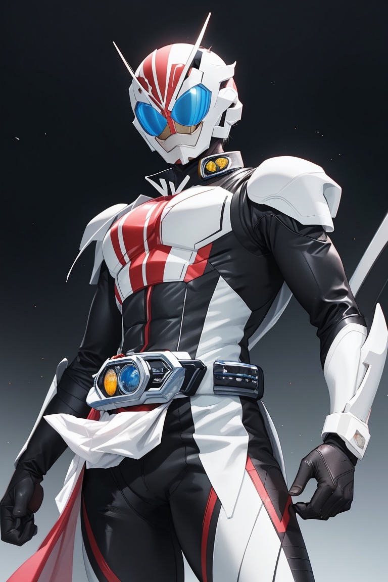 Kamen Rider stands solo in a radiant white aura,  exuding perfection as he strikes a powerful pose (1.3) showcasing flawle...