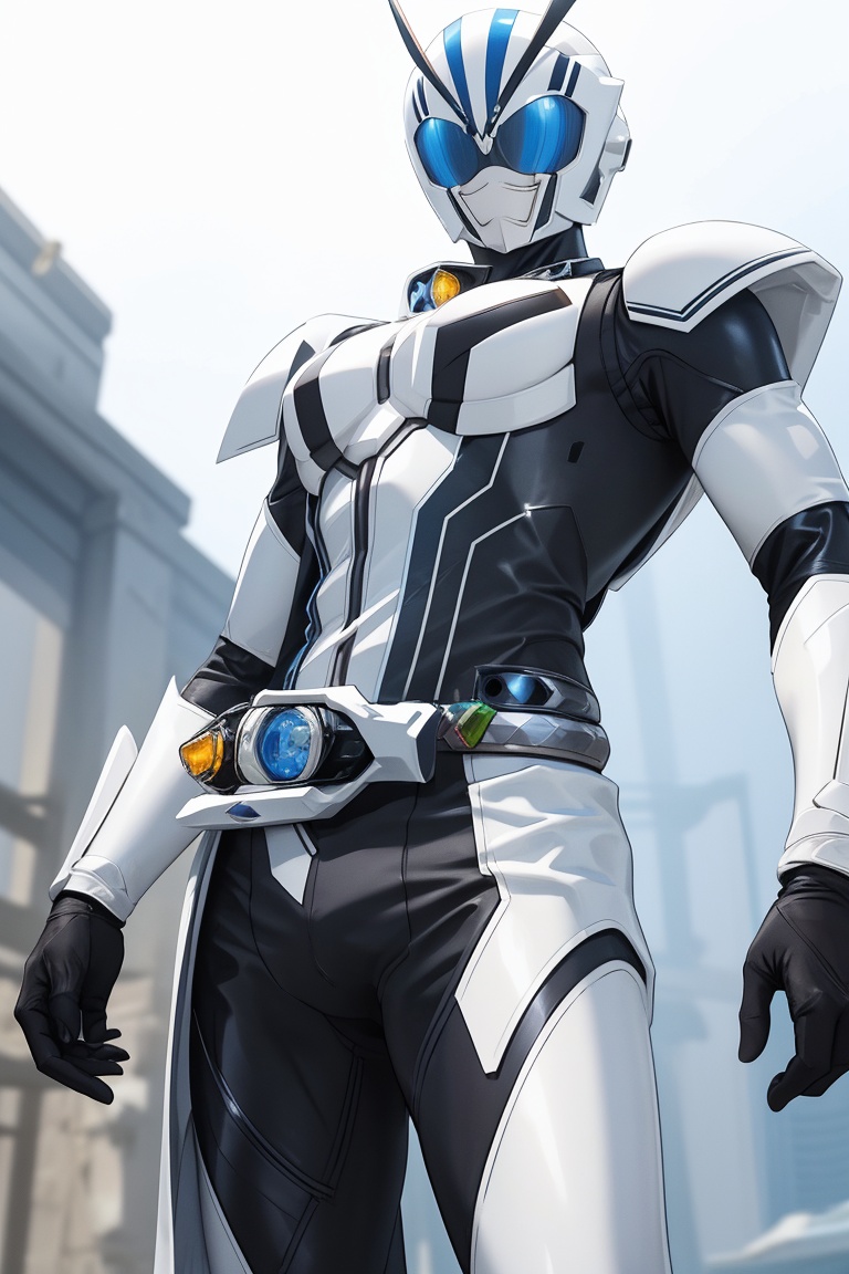 Kamen Rider stands solo in a radiant white aura,  exuding perfection as he strikes a powerful pose (1.3) showcasing flawle...