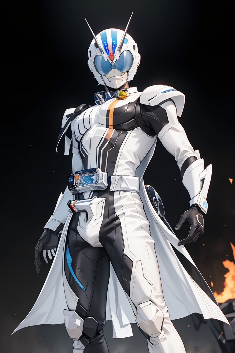 Kamen Rider stands solo in a radiant white aura,  exuding perfection as he strikes a powerful pose (1.3) showcasing flawle...