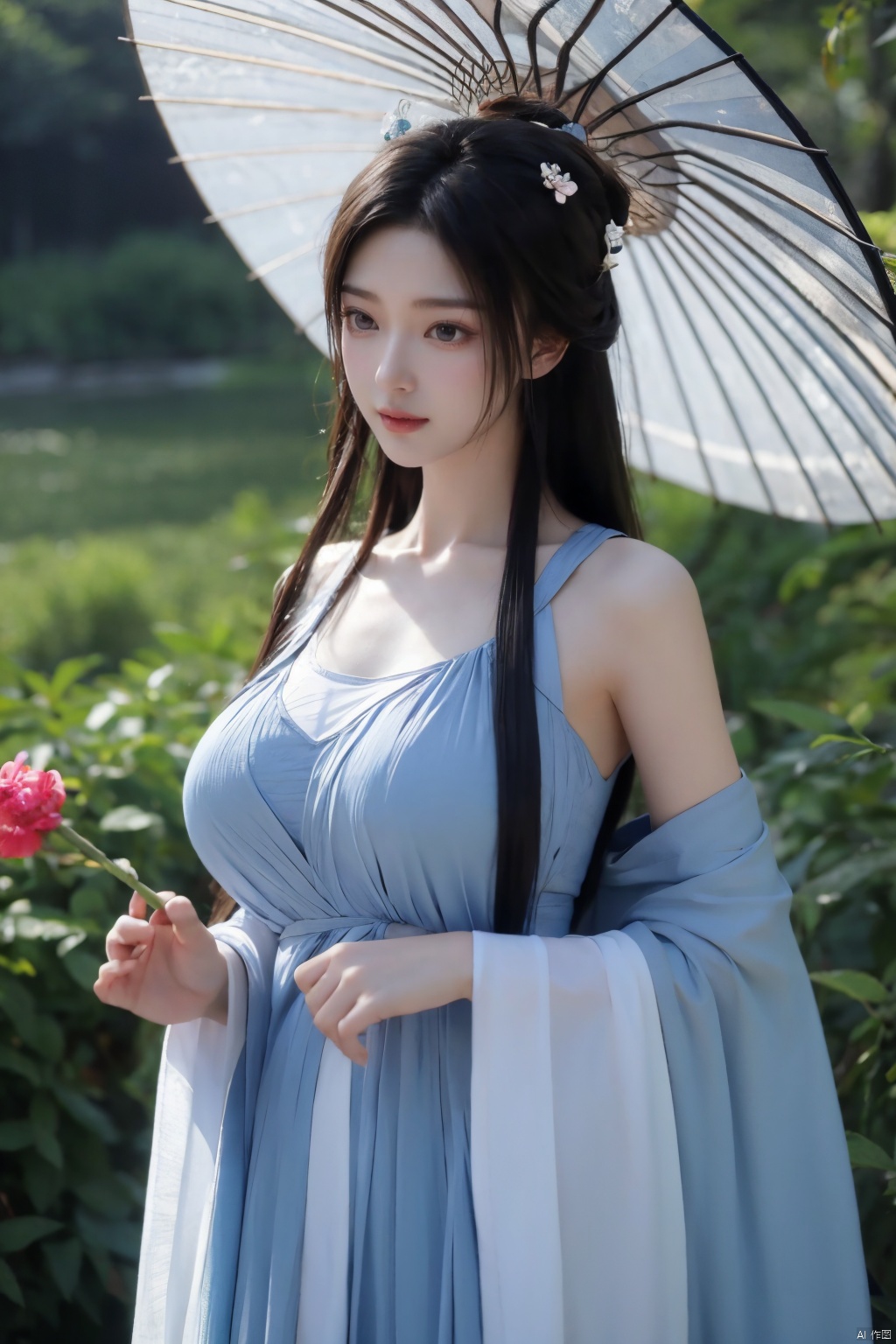 1girl,Oil-paper umbrella,hanfu,hair flower,holding umbrella,(big breasts:1.39), Nakagawa_Kokoro