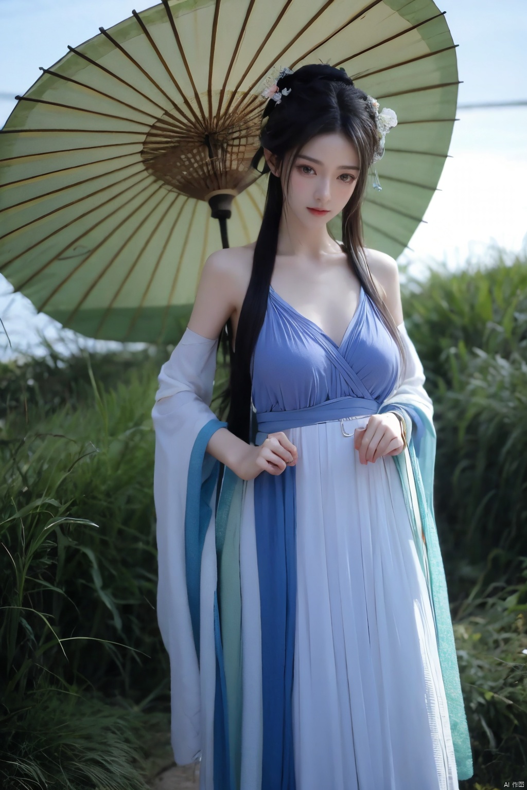 1girl,Oil-paper umbrella,hanfu,hair flower,holding umbrella,(big breasts:1.39), Nakagawa_Kokoro