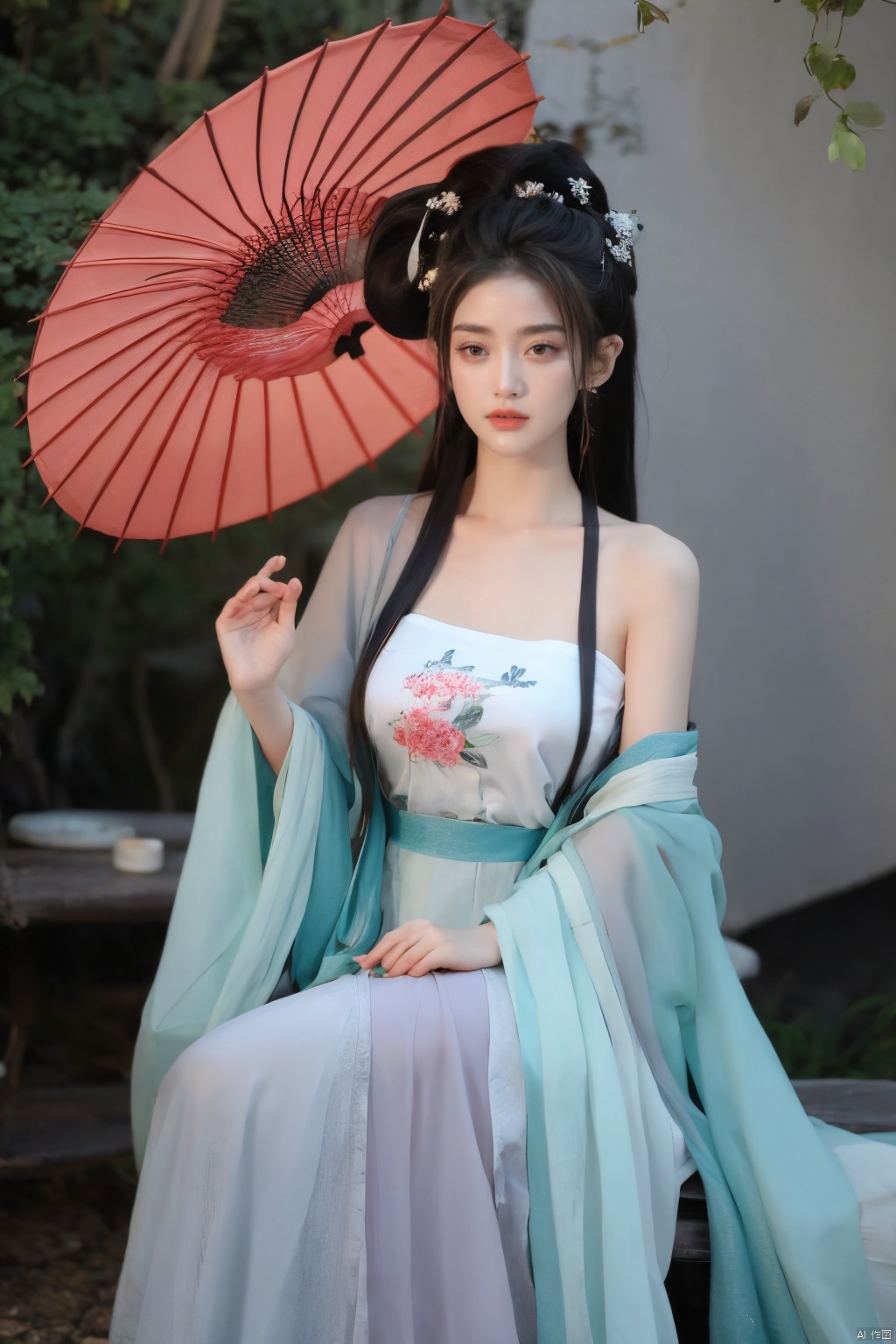 1girl,Oil-paper umbrella,hanfu,hair flower,holding umbrella,(big breasts:1.29), Nakagawa_Kokoro