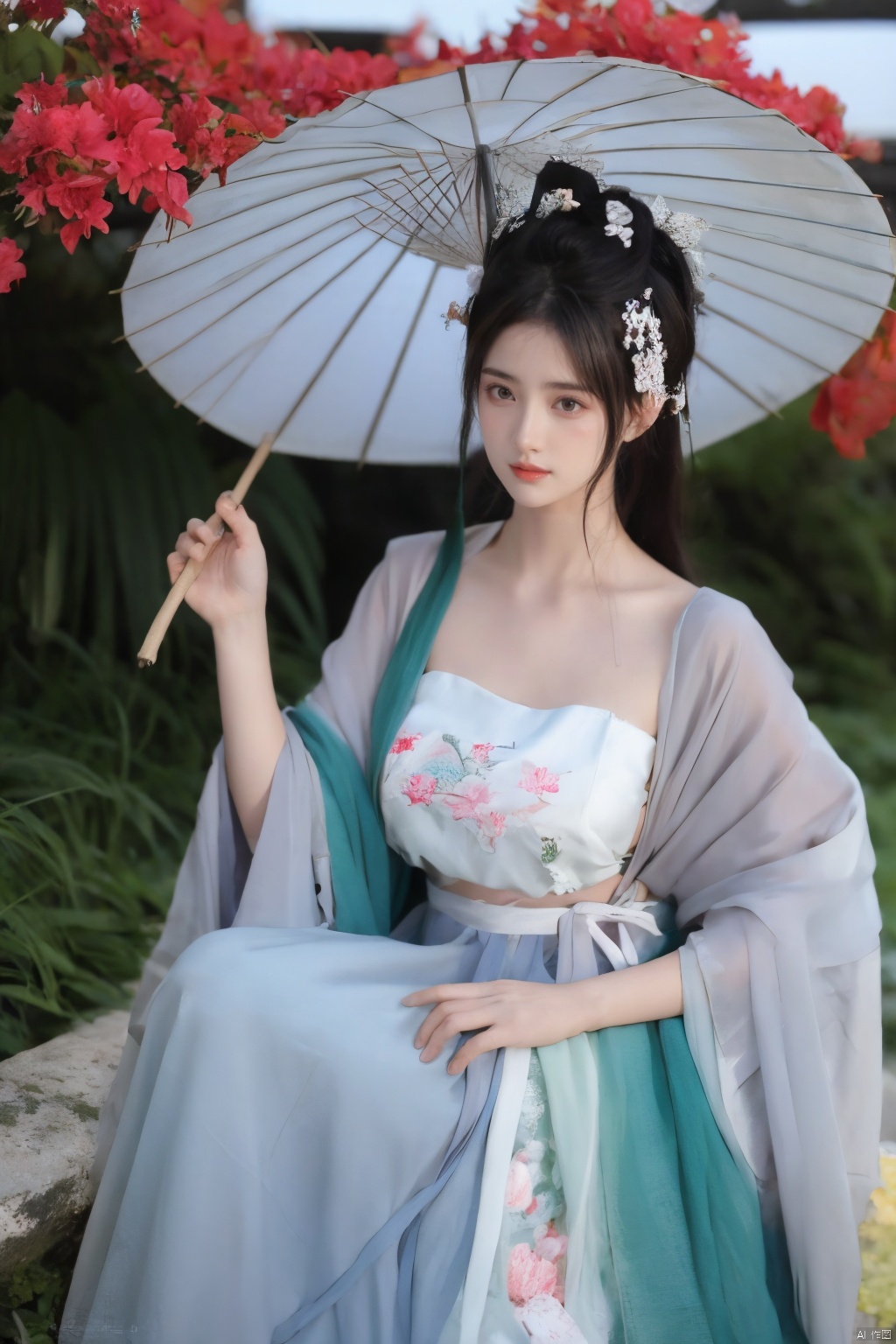 1girl,Oil-paper umbrella,hanfu,hair flower,holding umbrella,(big breasts:1.29), Nakagawa_Kokoro